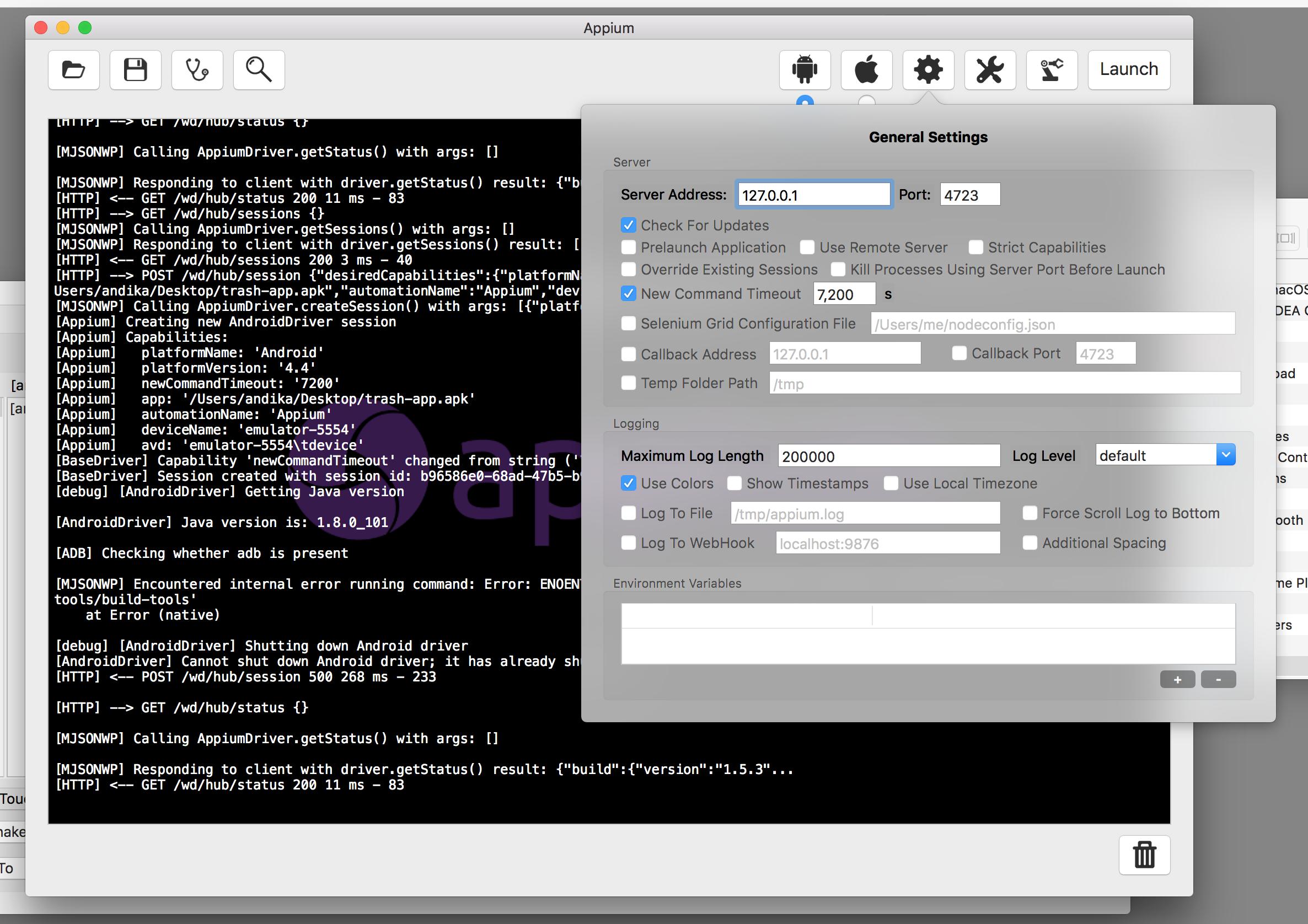 mac os appium emulator nexus not running